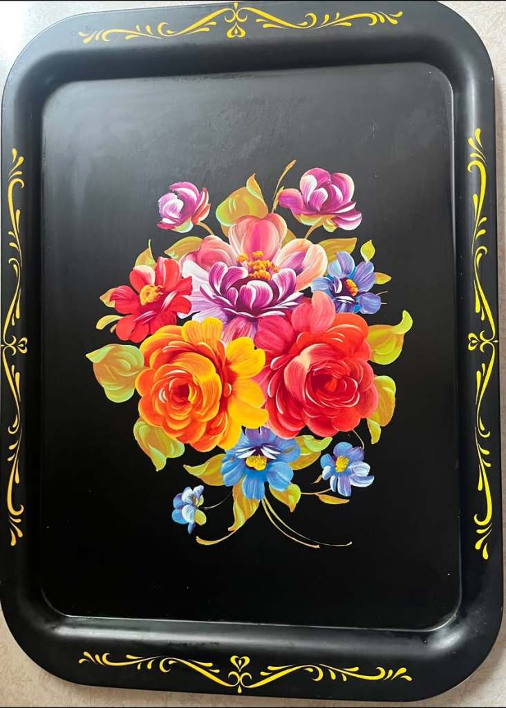 Black tray with painted flowers